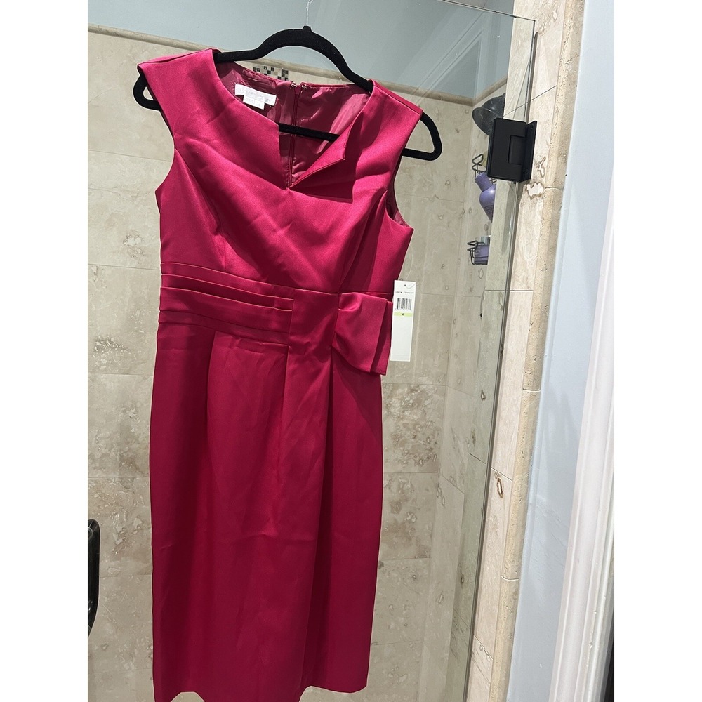 London Times Pink Satin Cocktail Dress Women 4 NWT V-Neck A-Line Knee Length Bow